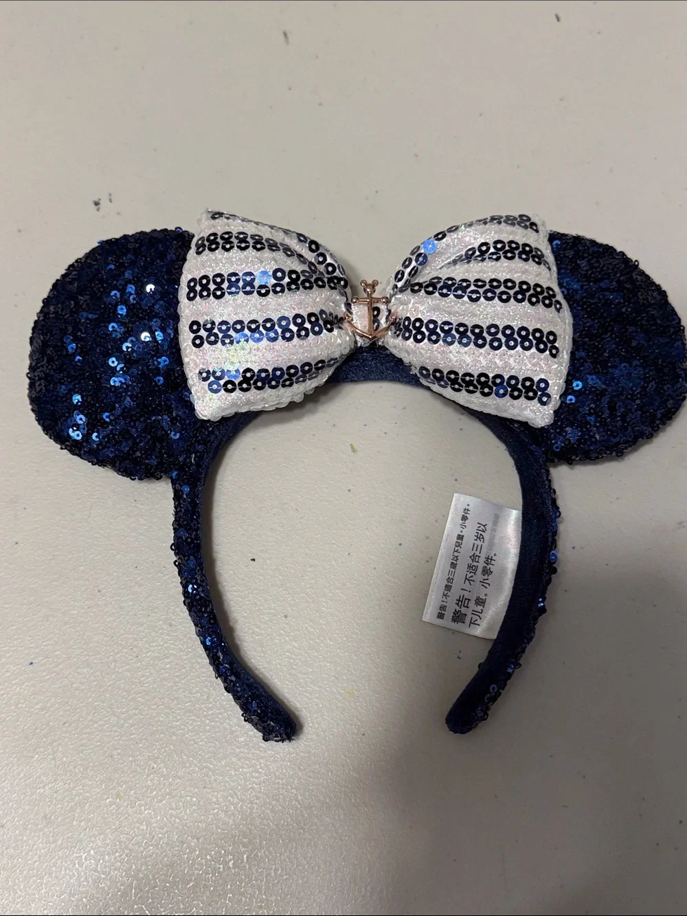 Disney Navy Sequin Minnie Ear Headband with White Striped Bow